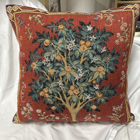 Goblys France Tapestry Pillow Orange Sage Green  12x12 - Picture 1 of 5